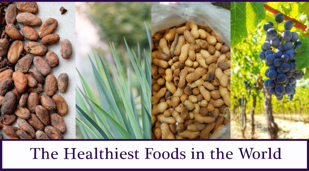 Images of the sources of resveratrol chocolate, yucca, peanuts, grapes with the words "Healthiest Foods in the World"